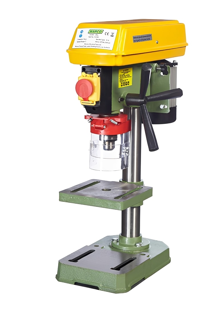 Hobby Drill by Warco bench-top drilling machine in yellow and green with drill chuck and quill handle