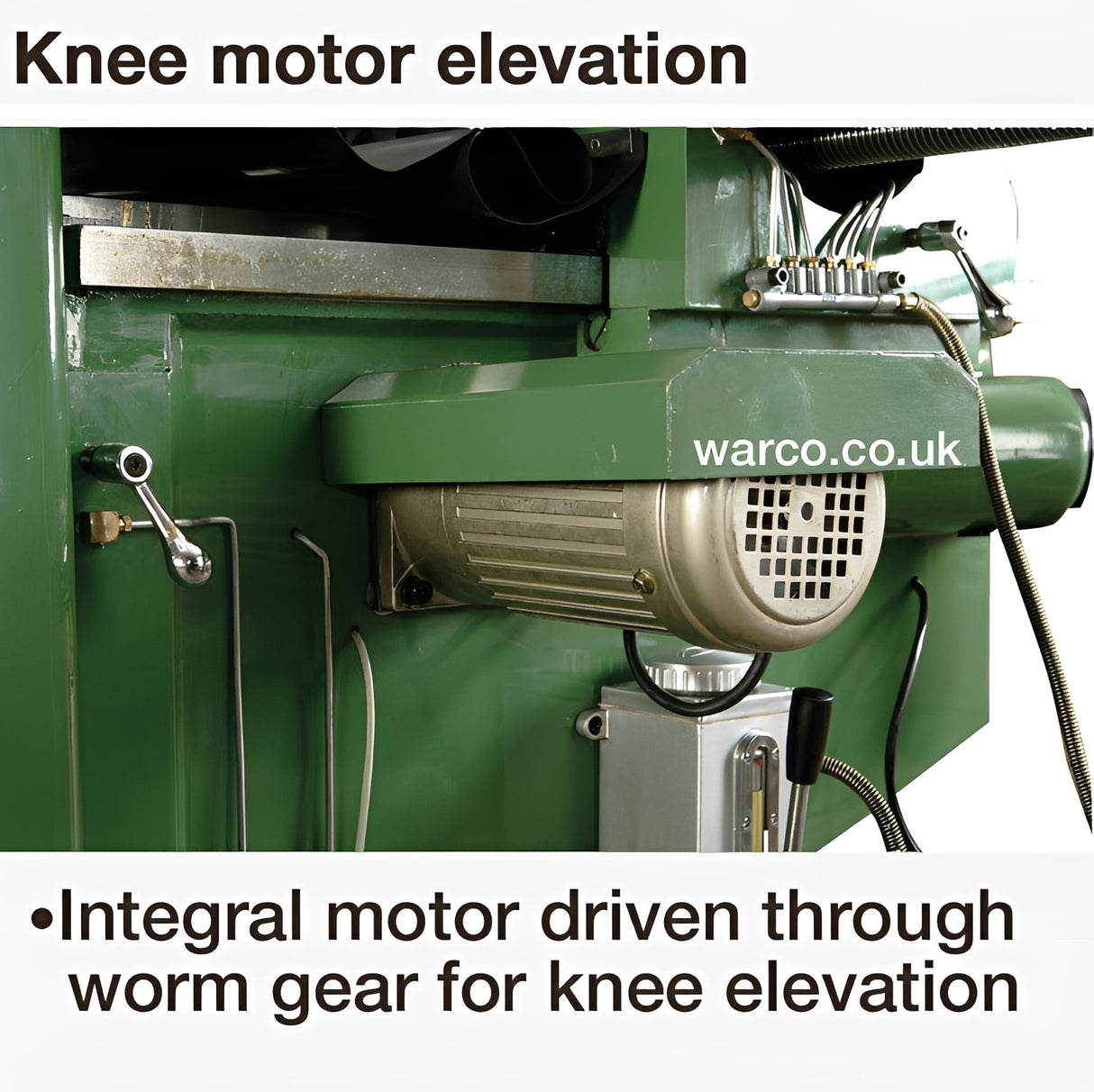 Warco WM40 turret milling machine in green with worm gear drive for knee elevation, machine tools