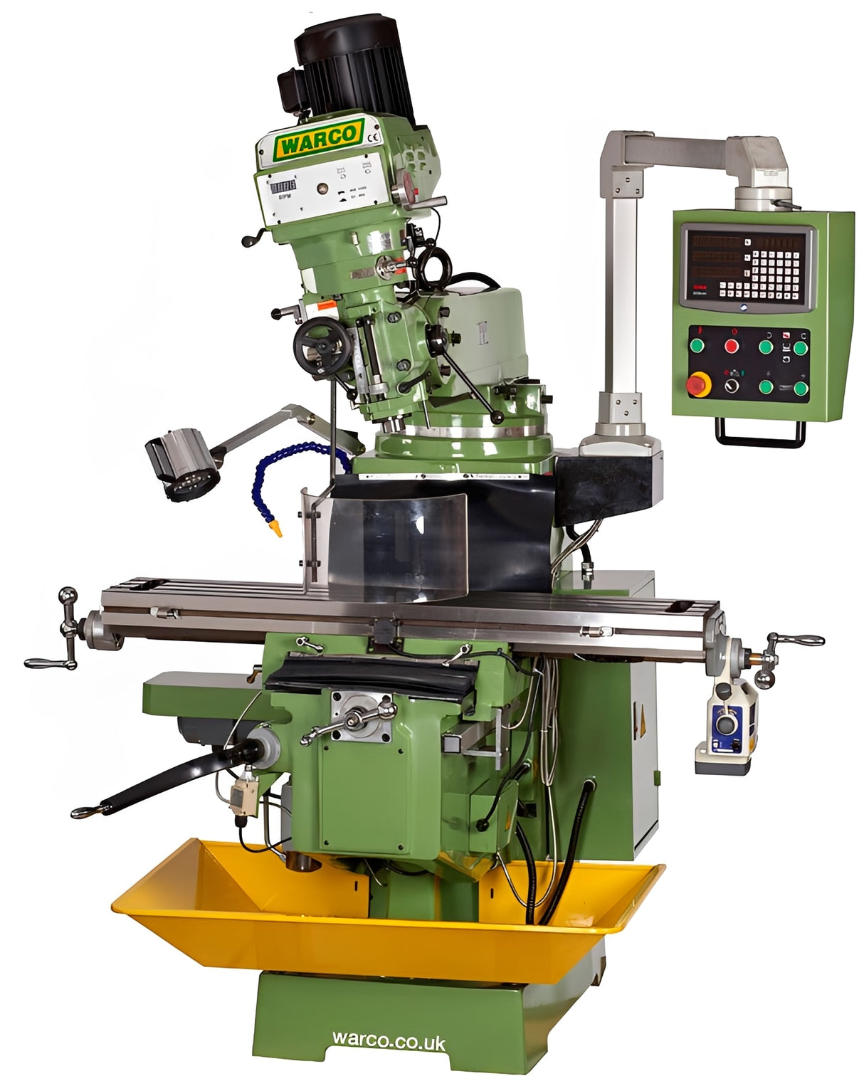 Warco WM40 turret milling machine in green with metalworking machine tools, lathe and mill controls