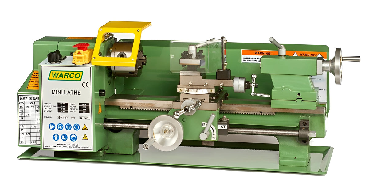 Mini Lathe Warco metalworking machine tools lathe in green with bench mounting for model engineering