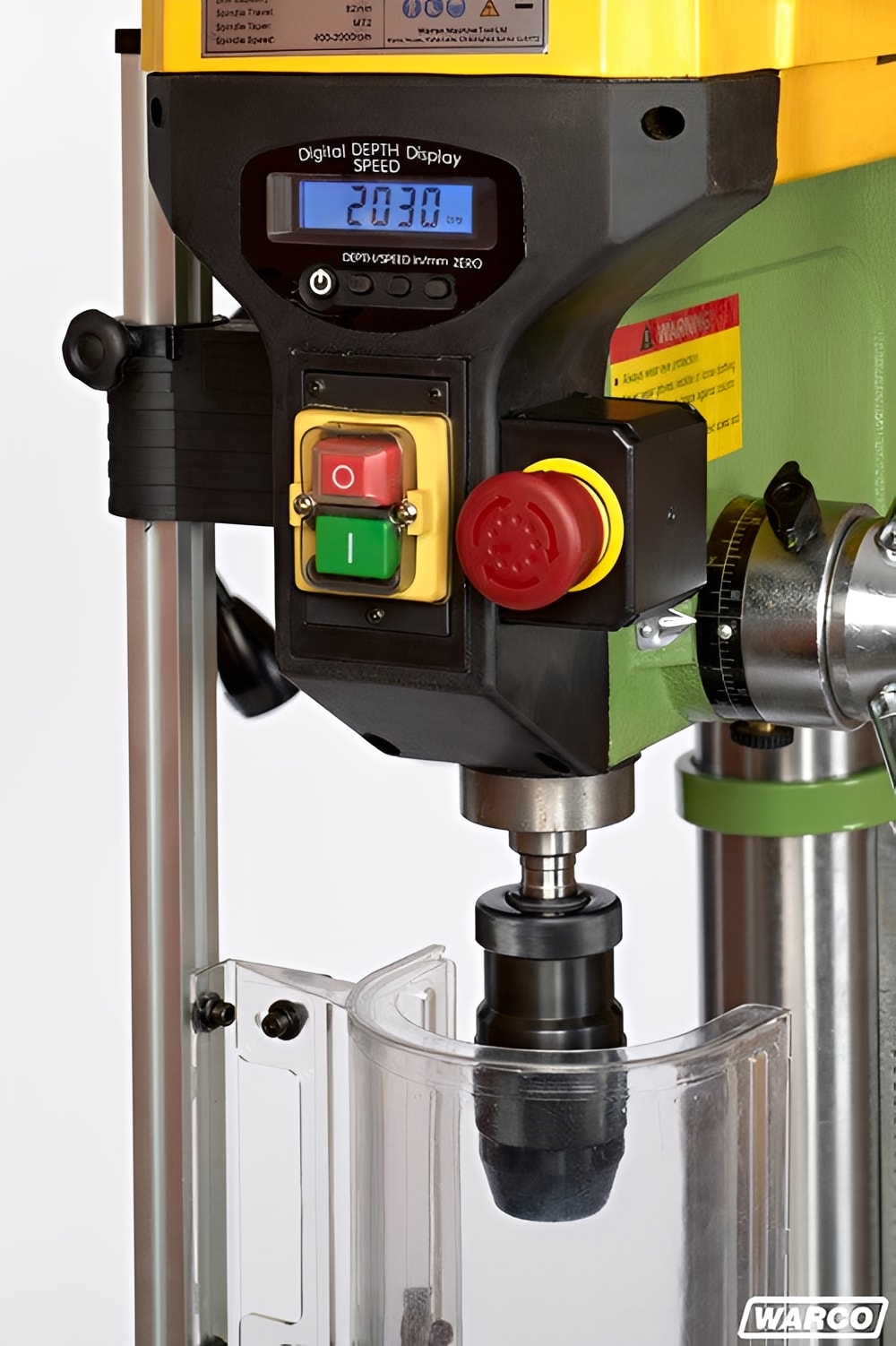 2B12V Variable Speed Bench Drill by Warco in yellow and black with digital depth display for metalworking