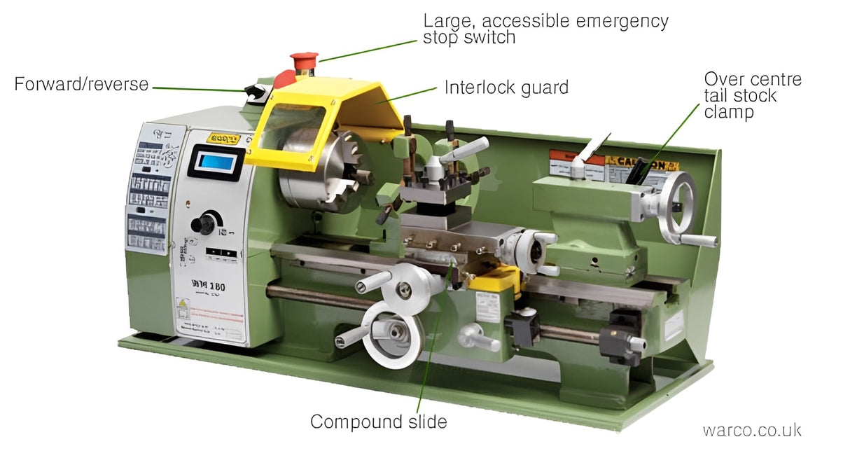 WM180 Lathe by Warco with metalworking machine tools features, mill and lathe controls in green