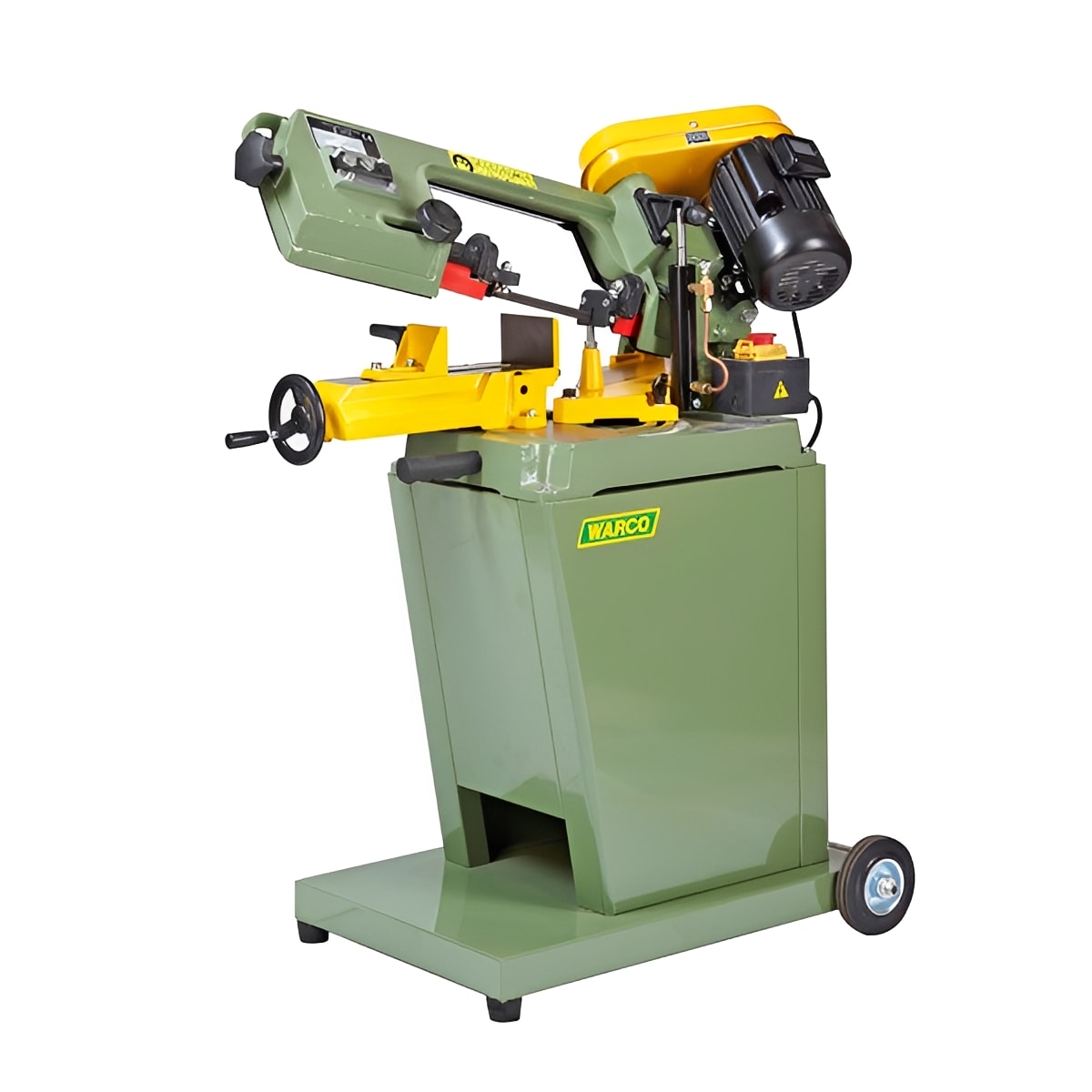 5 inch Mitre Arm Bandsaw Warco metalworking machine tools lathe mill with green and yellow on site frame