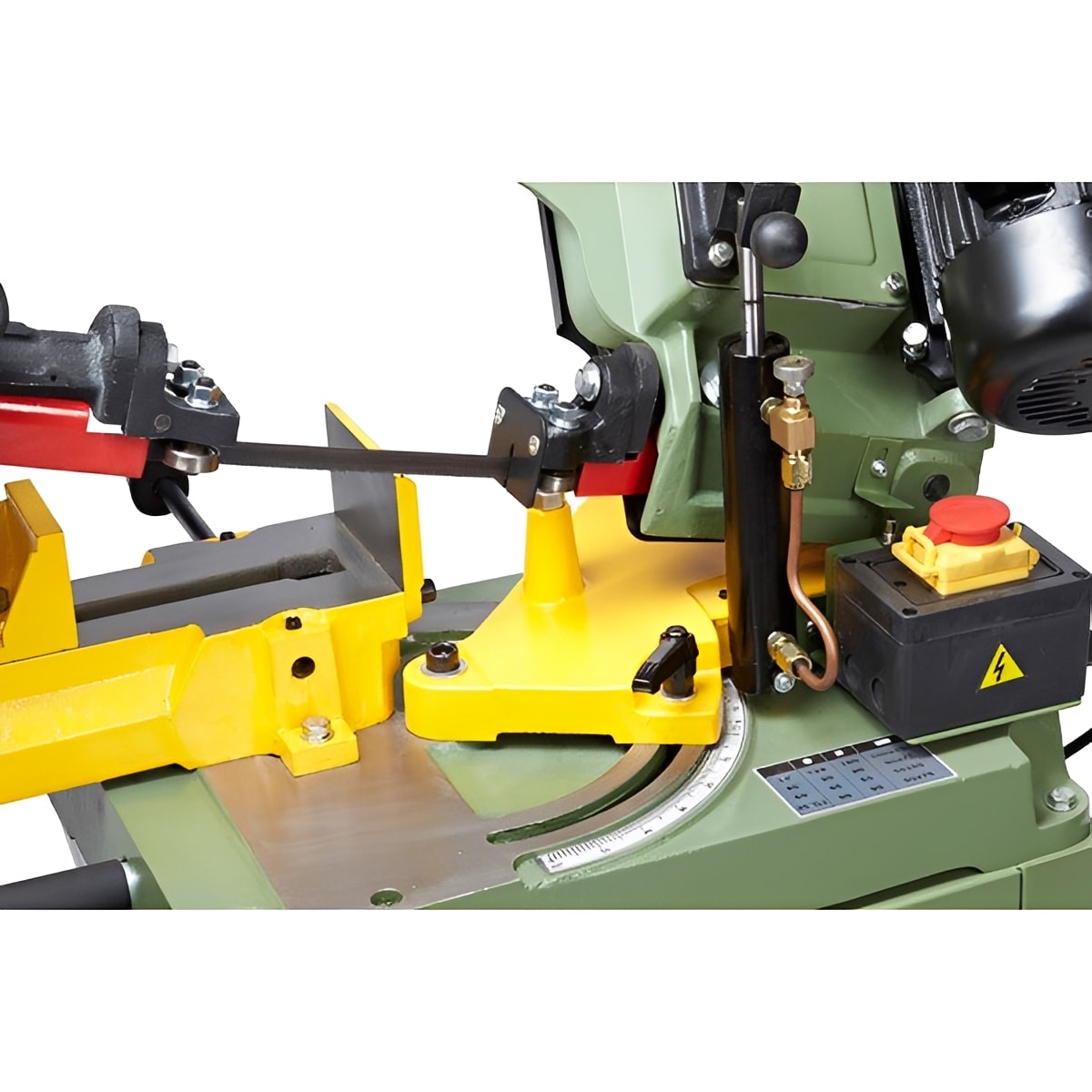 5 inch Mitre Arm Bandsaw by Warco with metalworking machine tools details, green body and yellow base