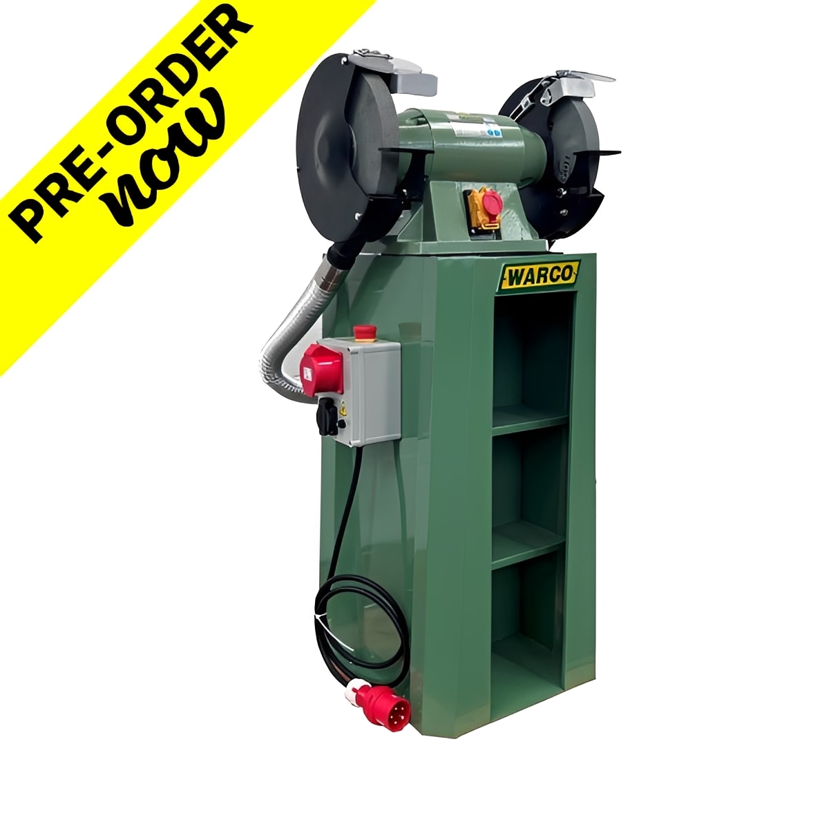 Heavy Duty Industrial Grinder 10 inch and Stand by Warco, green metalworking machine tools with integrated dust collection