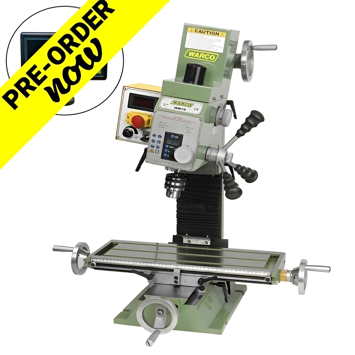 Warco WM16 Milling Machine in green with metalworking machine tools, lathe and mill controls