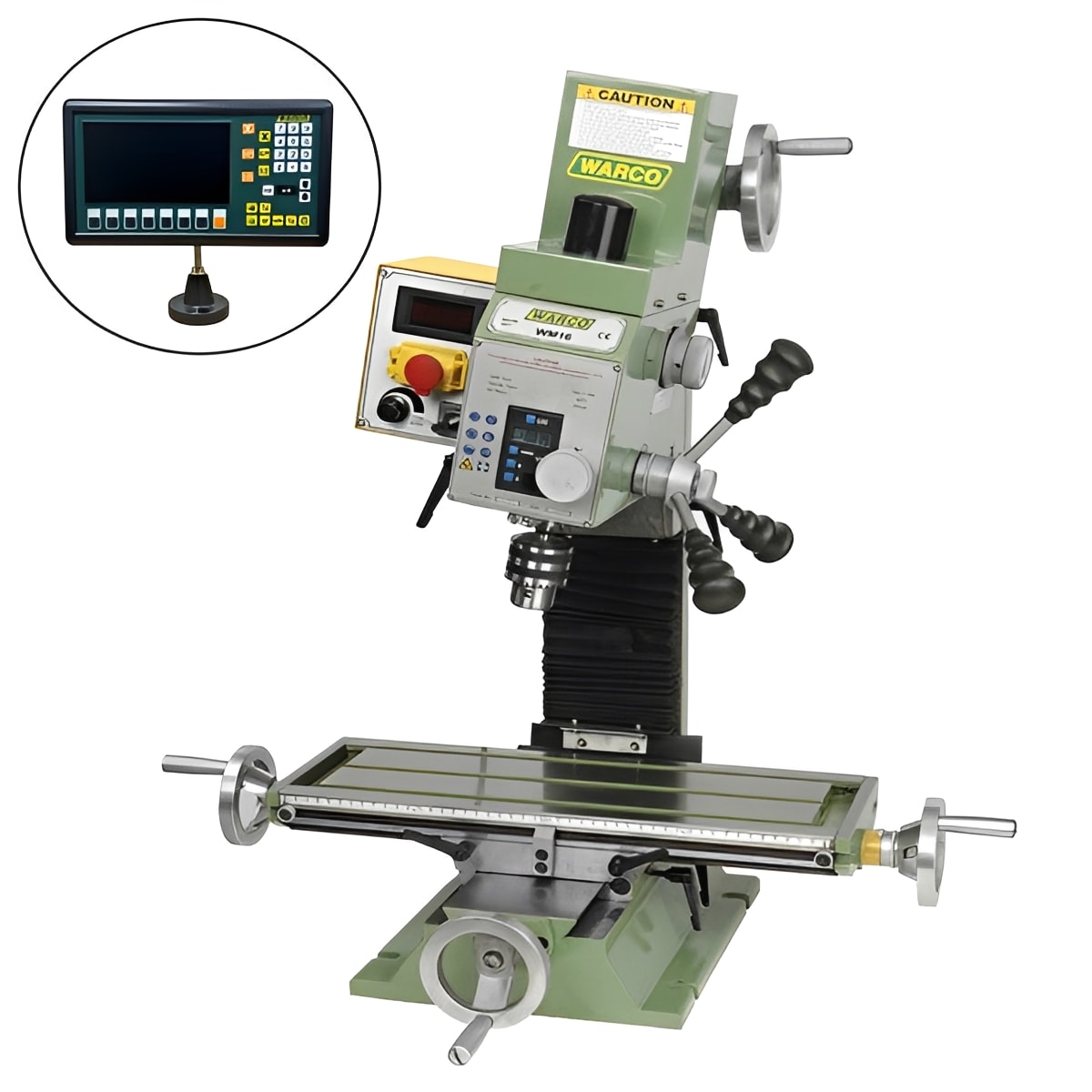 Warco WM16 Milling Machine in metalworking green with DRO, metalworking machine tools lathe mill controls