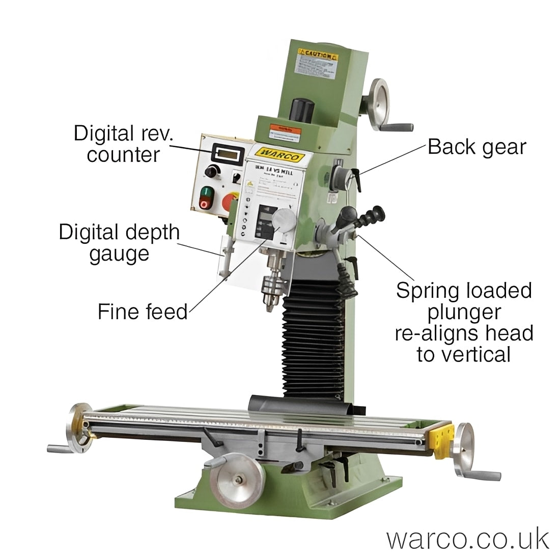 Warco WM18 milling machine in light green with metalworking machine tools lathe and mill features